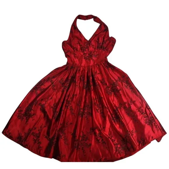 Y2K Red Halter Midi Oriental Asian Satin Feminine Prom Floral Jacquard Dress - L - Picture 2 of 11